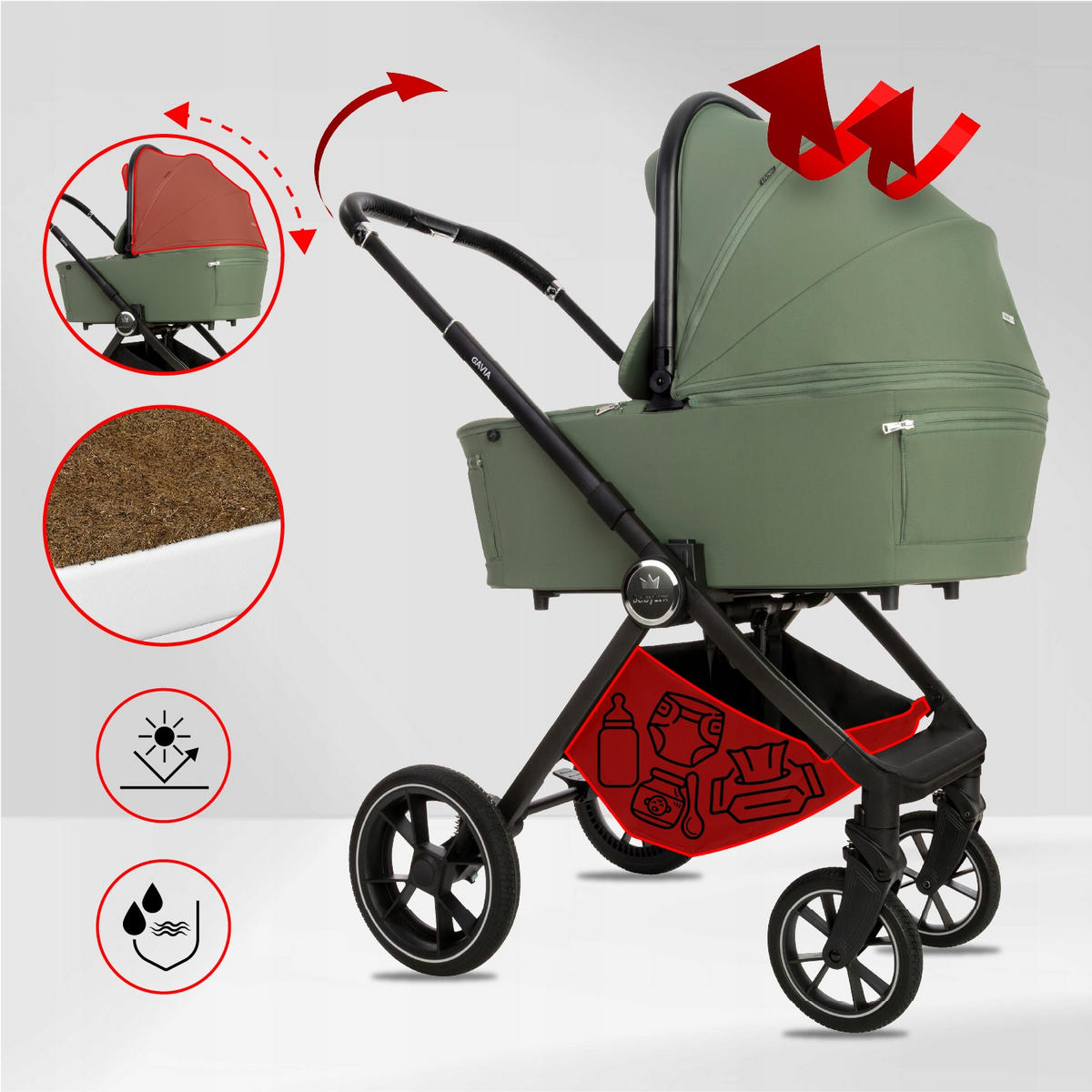 KINDERWAGEN Gavia 3in1 Sapphire Babywanne, Buggy Sportsitz, Babyschale I-Size - Schwarz/Grün, Textil/Metall (58/99cm) - BabyLux