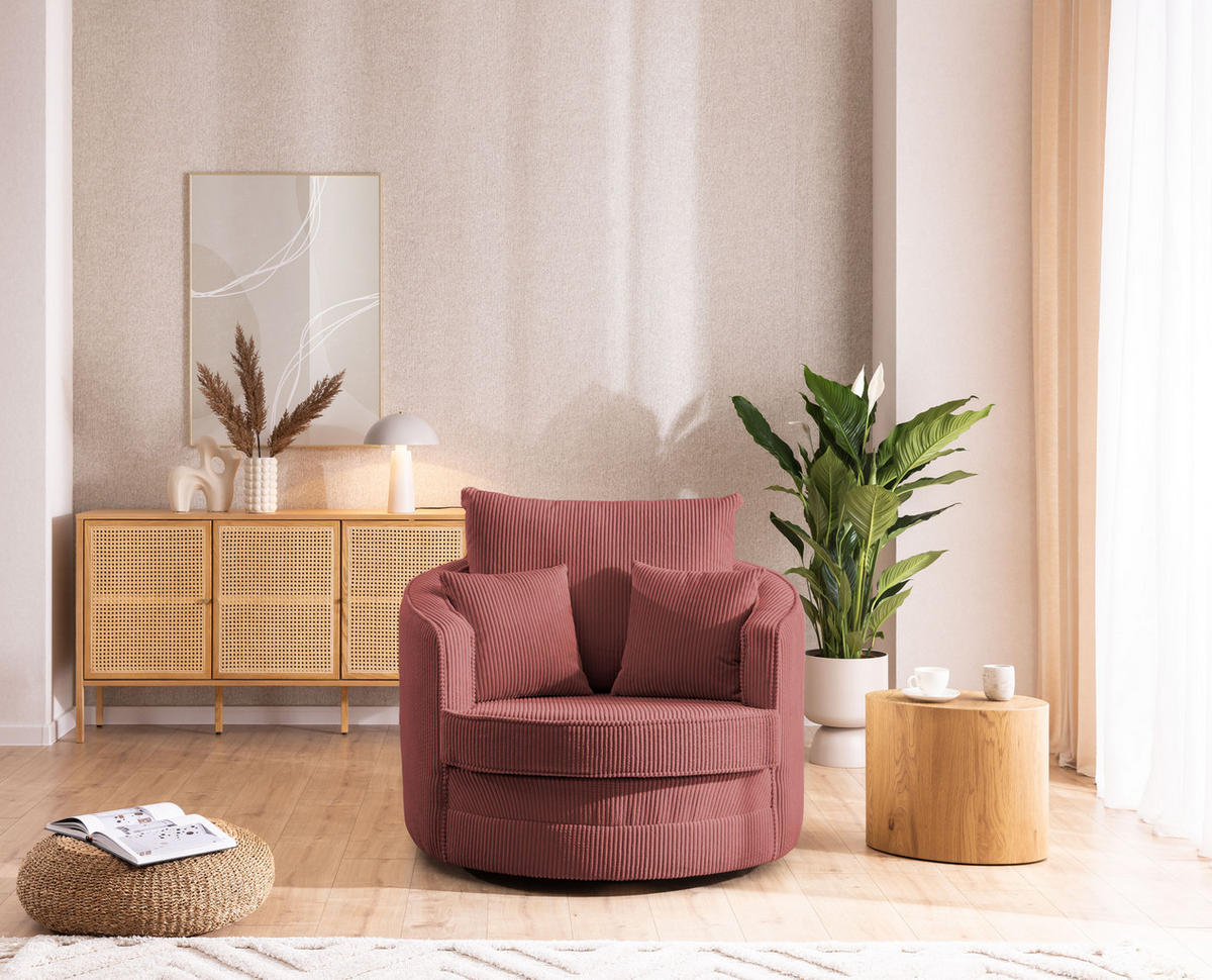 DREHSESSEL Ted aus Terrakotta Cord-Stoff - Terra cotta/Schwarz, Holz/Textil (107/94/100cm) - S-Style Möbel