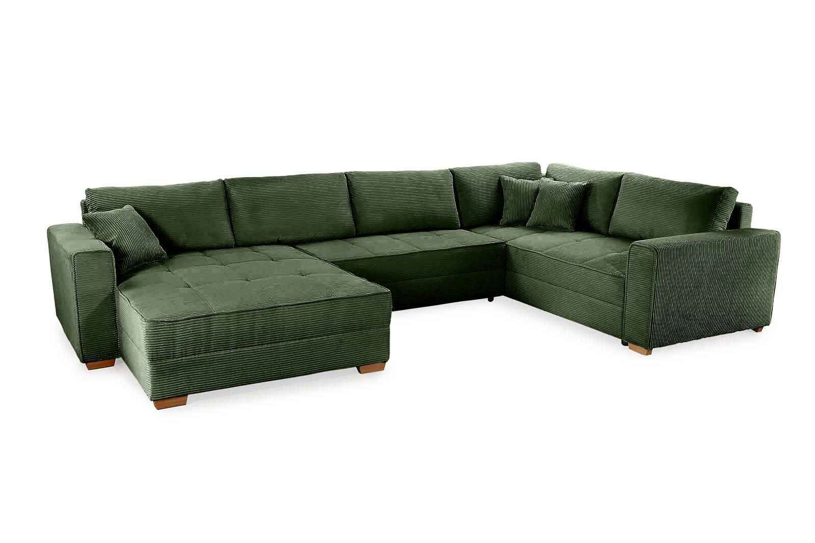 WOHNLANDSCHAFT Schlaffunktion Bettkasten Wellenunterfederung, spiegelverkehrt montierbar U-Form B379/T227/H86 cm, Cord Grün / 15199 - Eichefarben/Grün, Holz/Textil (379/86/227cm) - luma-home