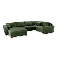 WOHNLANDSCHAFT Schlaffunktion Bettkasten Wellenunterfederung, spiegelverkehrt montierbar U-Form B379/T227/H86 cm, Cord Grün / 15199 - Eichefarben/Grün, Holz/Textil (379/86/227cm) - luma-home