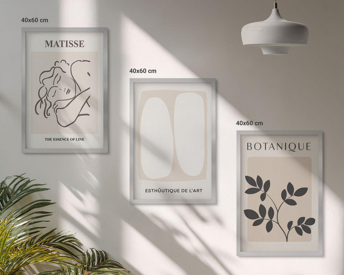 WANDBILDER 3er Set - 40x60 cm Silberner Rahmen - Matisses stilvolle Pflanzenbilder - Silberfarben, Kunststoff (40/60cm) - ArtPrintCave