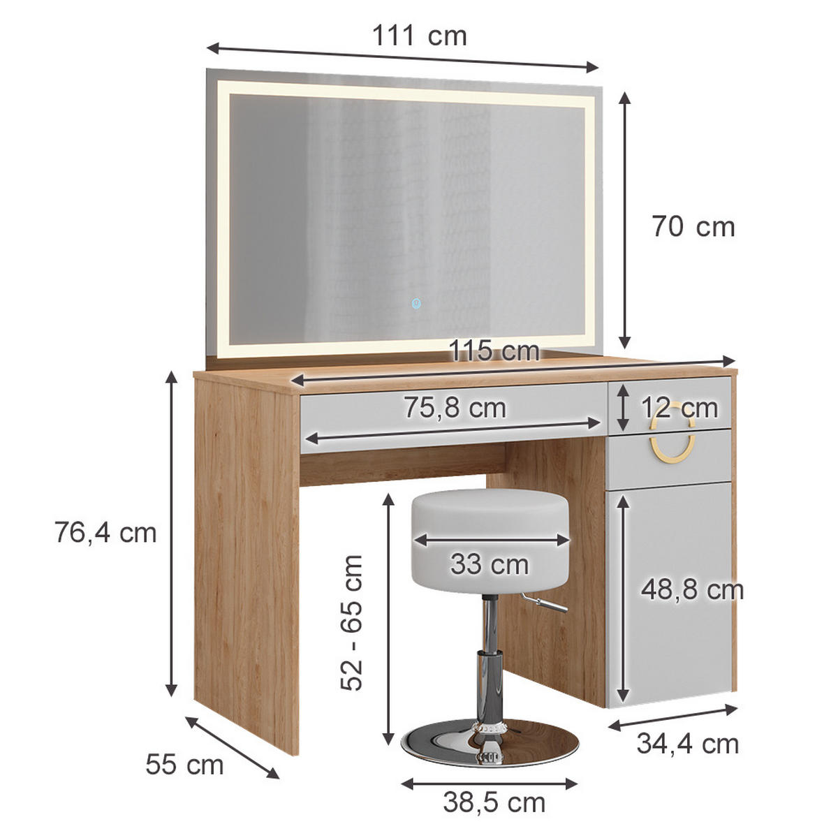 SCHMINKTISCH Adela Natural Rockford Hickory 115 cm mit LED Spiegel und Hocker - Weiß/Sonoma Eiche, Holzwerkstoff (115/76.4/55cm) - Vicco