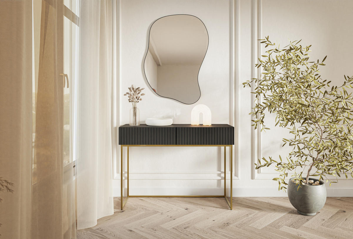 SCHMINKTISCH Veldio Schwarz mit goldenen Beinen 110 cm - Goldfarben/Schwarz, Holzwerkstoff/Metall (110/79/40cm) - Selsey