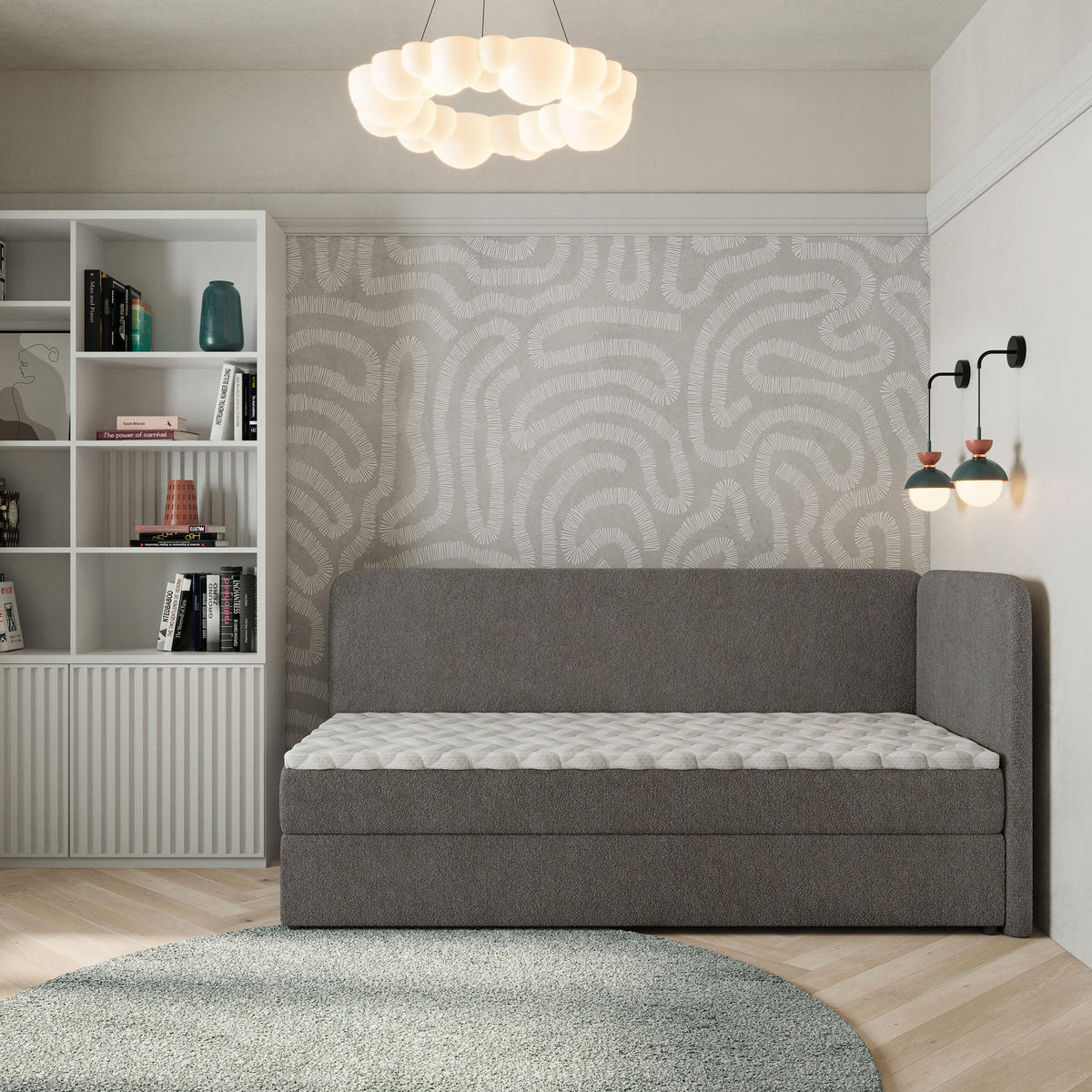 BOXBETT GINA 80x200 cm mit Matratze und Topper, H2+H3 - Grau - Grau, Holz (80/200cm) - MASSENO