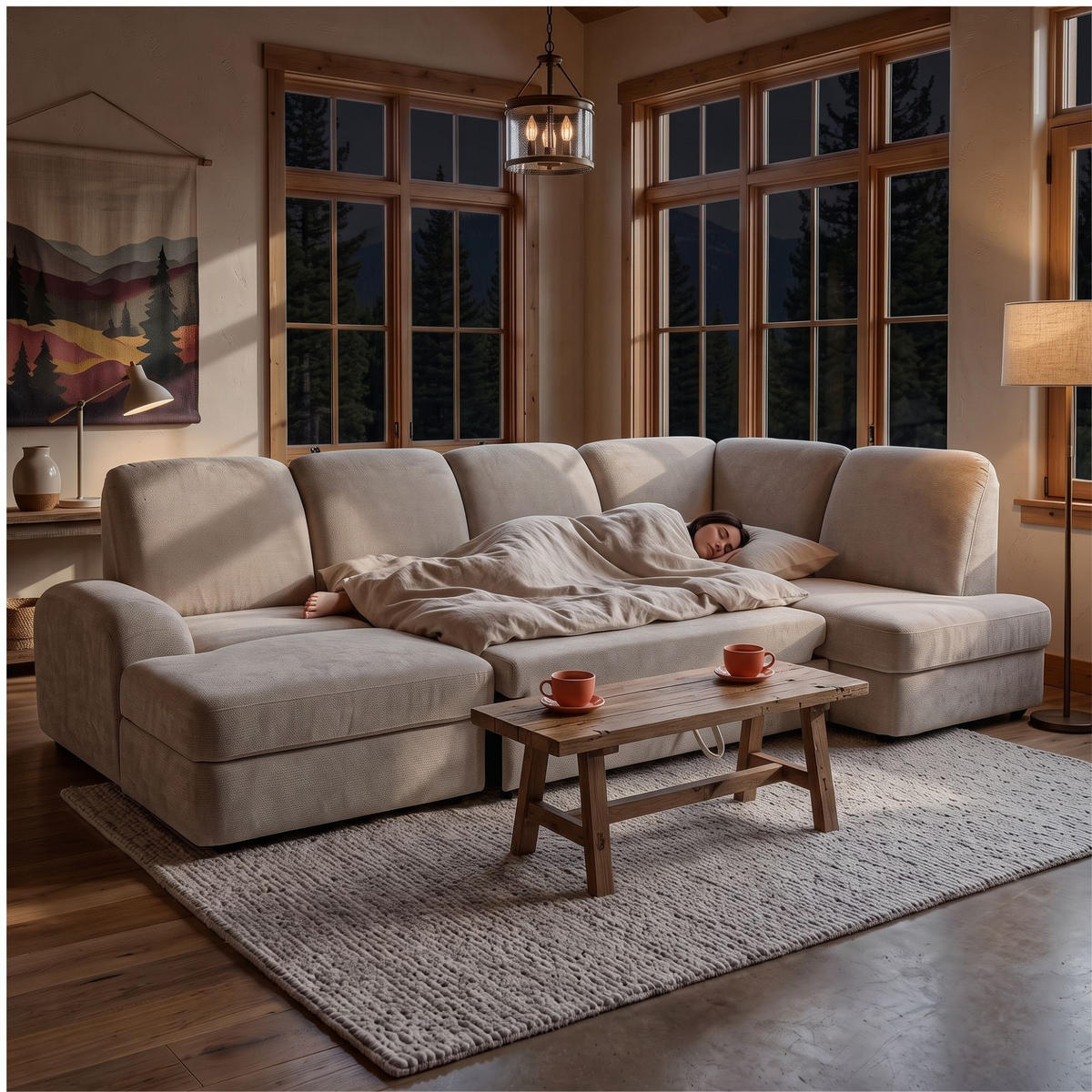 ECKSOFA VIBE U Rechts mit Schlaffunktion 129x263 Chenille Beige - Beige/Schwarz, Holz/Kunststoff (186/102/280cm) - Muffo