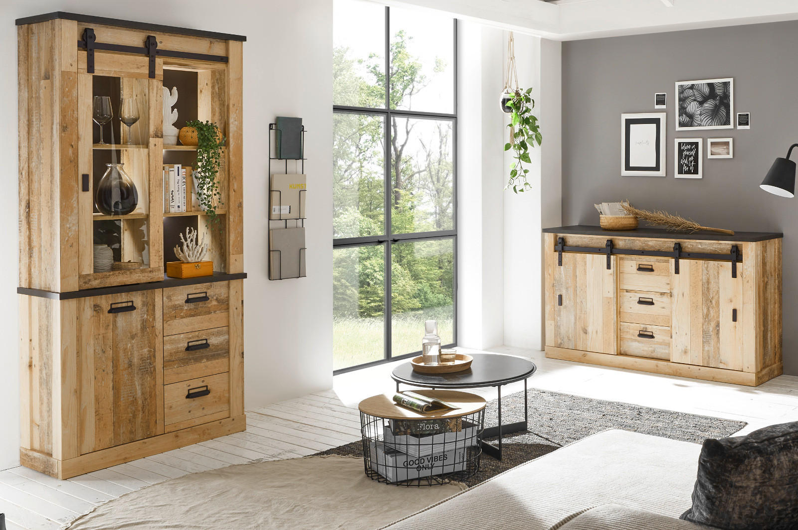 ESSZIMMER-SET Esszimmer Set, Used Wood hell, anthrazit, Wohnkombination 2-teilig mit Vitrine Sideboard - Eichefarben/Anthrazit, Holzwerkstoff/Metall (275/201/43cm) - Furn.Design