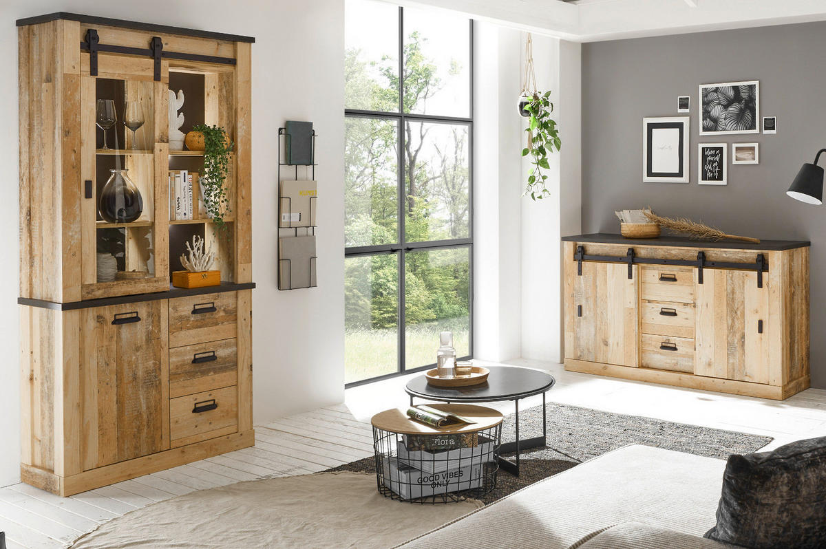 ESSZIMMER-SET Esszimmer Set, Used Wood hell, anthrazit, Wohnkombination 2-teilig mit Vitrine Sideboard - Eichefarben/Anthrazit, Holzwerkstoff/Metall (275/201/43cm) - Furn.Design