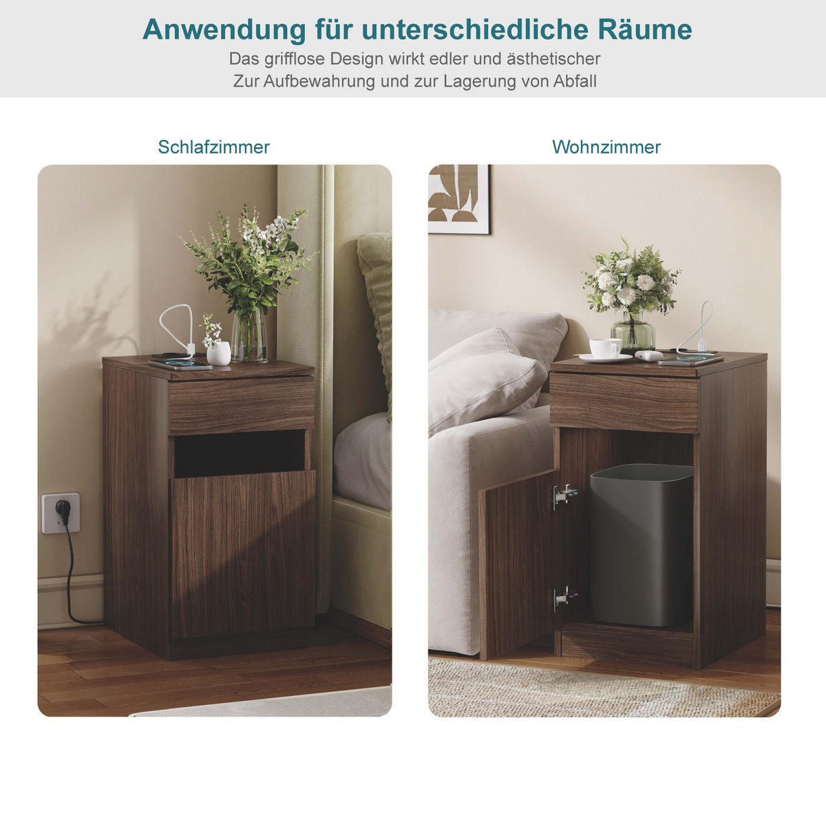 NACHTTISCH aus MDF 40x33x61,5 cm Braun mit USB-A, USB-C, Steckdose, Schublade und Mülleimer - Braun, Holzwerkstoff (33/61.5/40cm) - Modfu