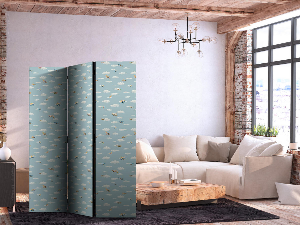PARAVENT Akustik 3-tlg 135x172 cm Flugzeuge Wolken - Blau, Holz/Textil (135/172/3cm) - Muralo