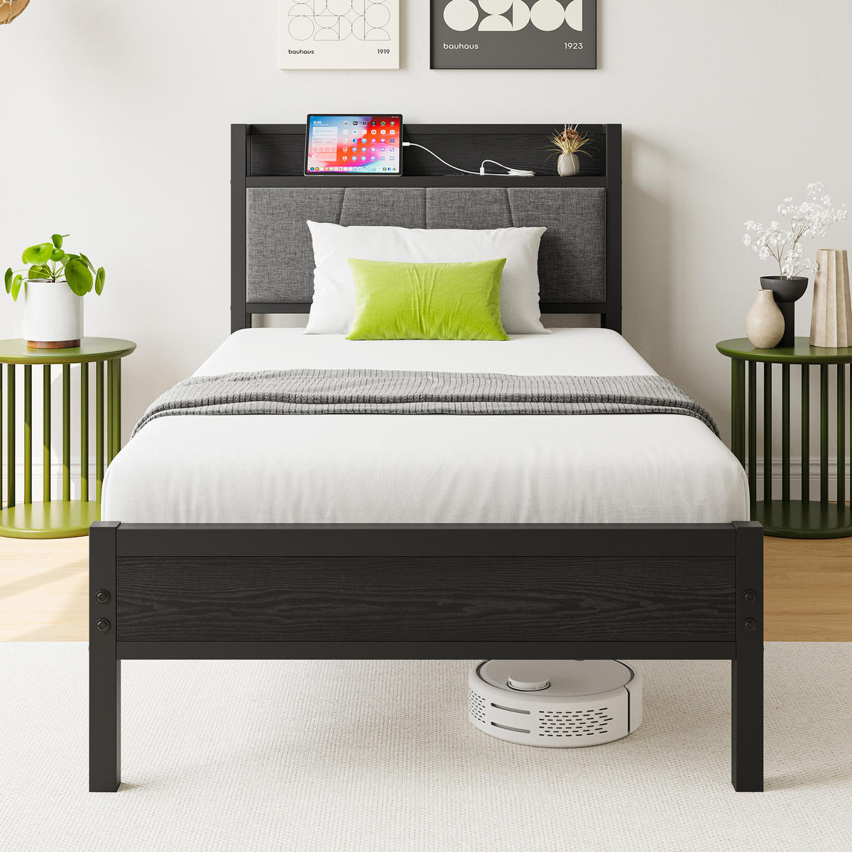 METALLBETT 90/200 mit Gepolstertes Kopfteil und Steckdose Jugendbett ohne Matratze, 27 cm Bodenfreiheit - Schwarz/Grau, Holzwerkstoff/Textil (90/200cm) - STILVORA