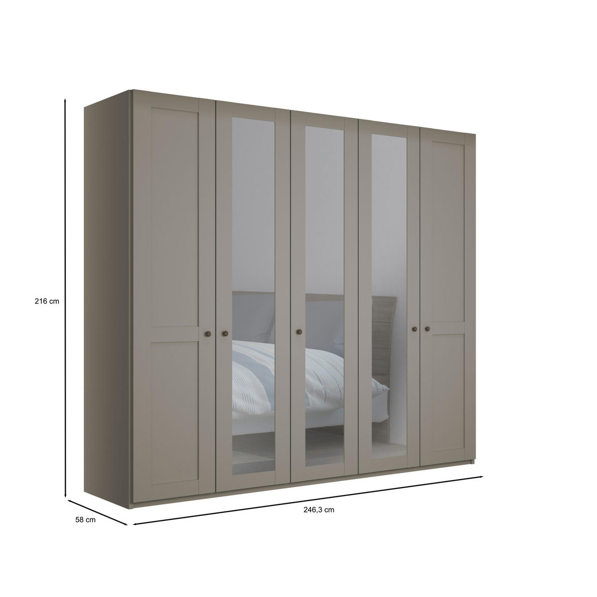 SCHLAFZIMMER Greenholm in Kieselgrau 4 teilig mit Kleiderschrank 250cm Breite mit Spiegel, Doppelbett 180x200cm, zwei Nachttisch - Grau, Holzwerkstoff (80/200/120cm)