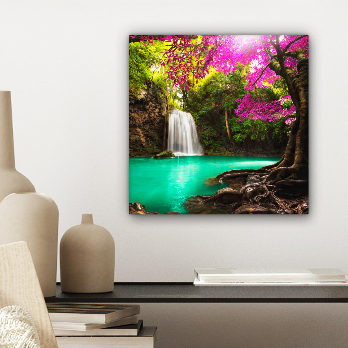 LEINWANDBILD Wasserfall mit bunten Blumen und Bäumen - Natur - Dschungel 20x20 cm - Waldgrün, Textil (20/20cm) - MuchoWow