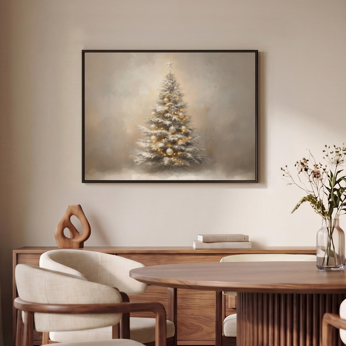 LEINWAND Bilder mit Rahmen - Weihnachten - Weihnachtsbaum - Schnee - Kunst - 70x50 - Champagner, Textil (70/50cm) - MuchoWow