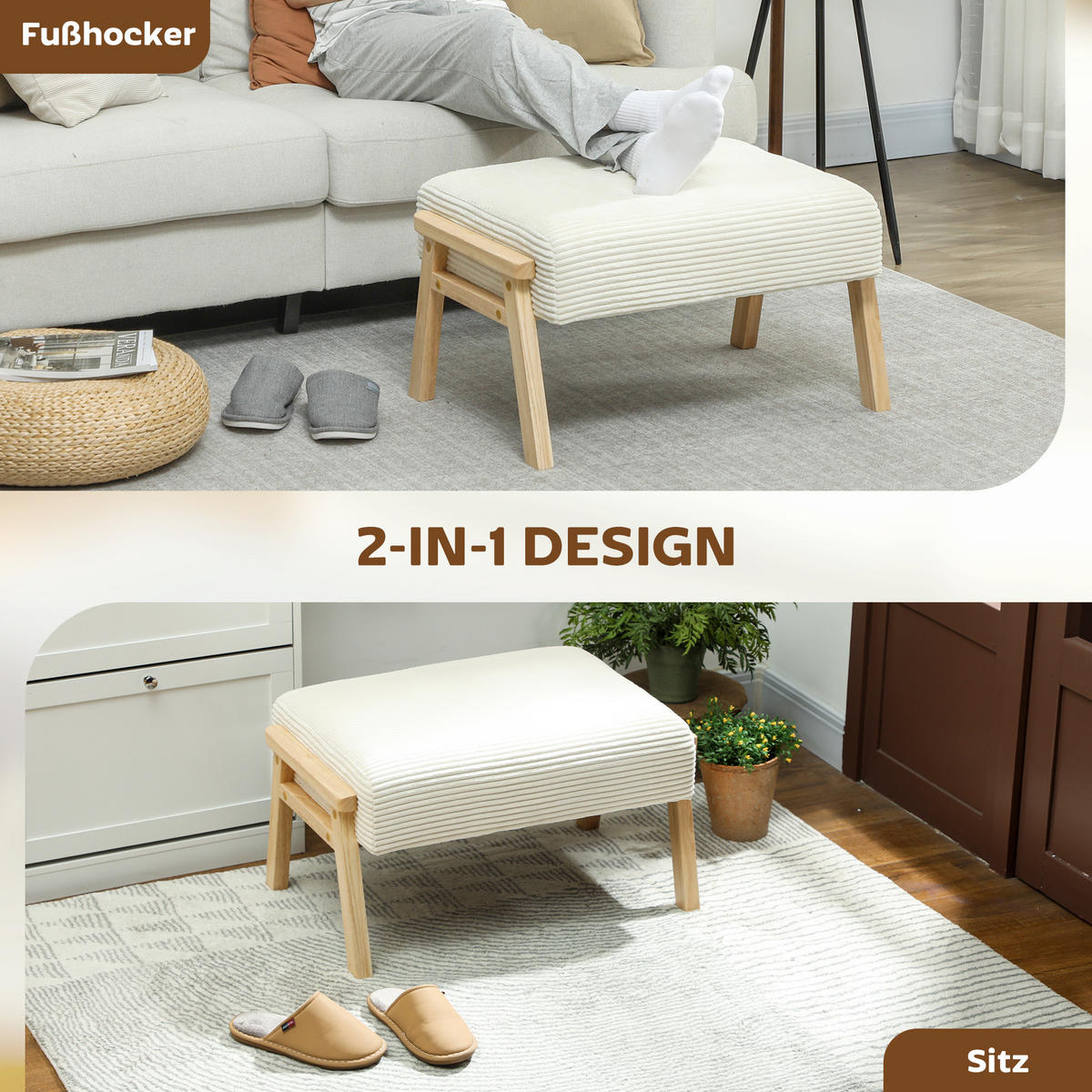 SITZHOCKER Hocker mit weichem Sitzkissen Holzbeinen Fußhocker mit Cordoptik - Creme/Naturfarben, Holz/Textil (46/40/70cm) - HOMCOM