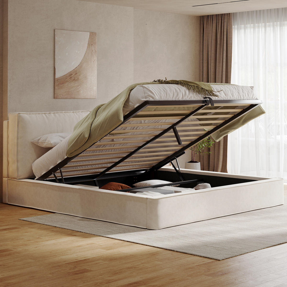 POLSTERBETT 180/200 cm mit hydraulischem Stauraum, Lattenrost und gepolstertem Kopfteil aus Chenille, Beige - Beige, Textil (180/200cm) - Redom