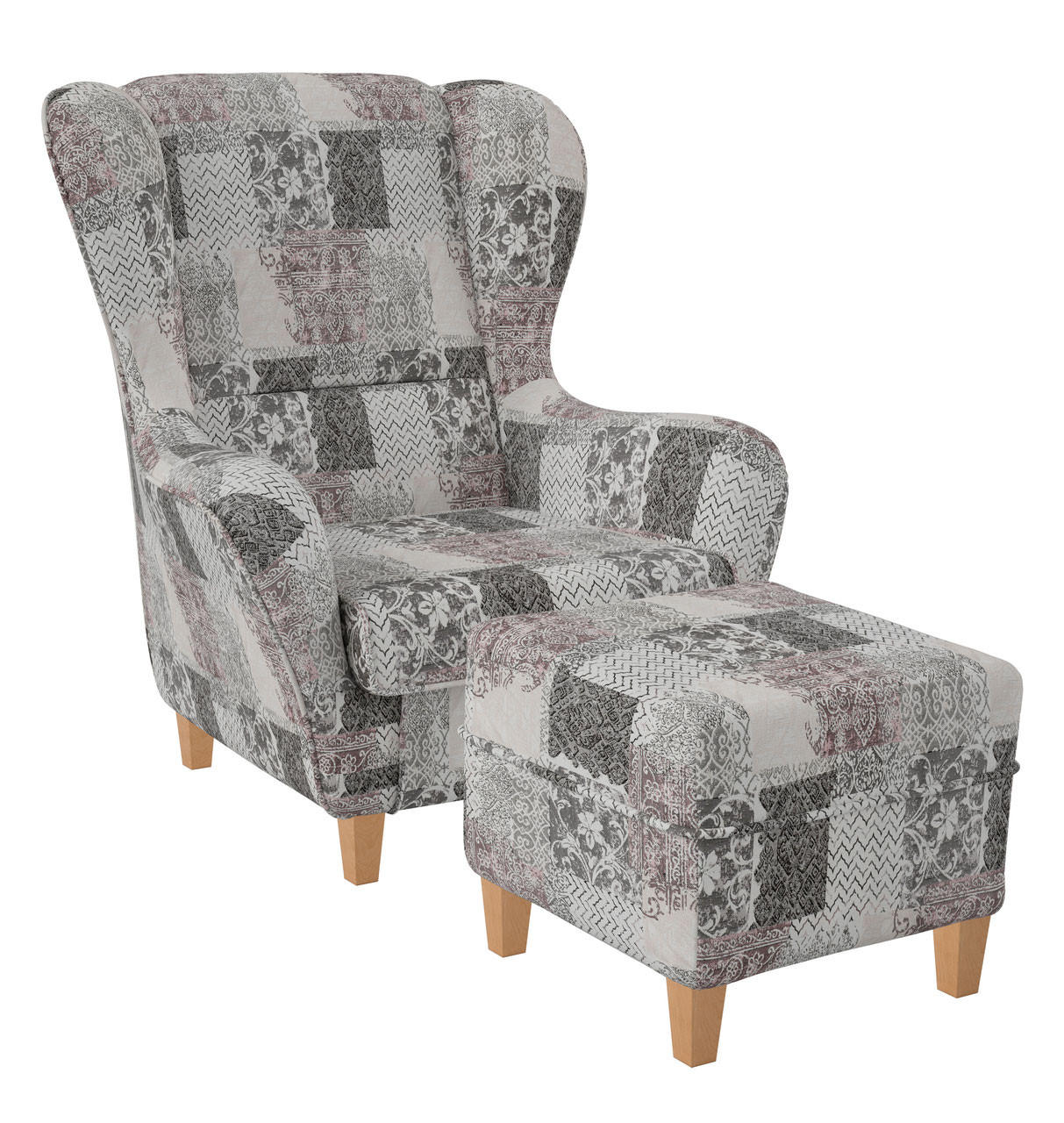 OHRENSESSEL Sofia Relaxsessel mit Hockerr | Design Jakarta Perlweiß Rosig - Hellgrau/Grau, Textil (92/68/95cm) - Supellex