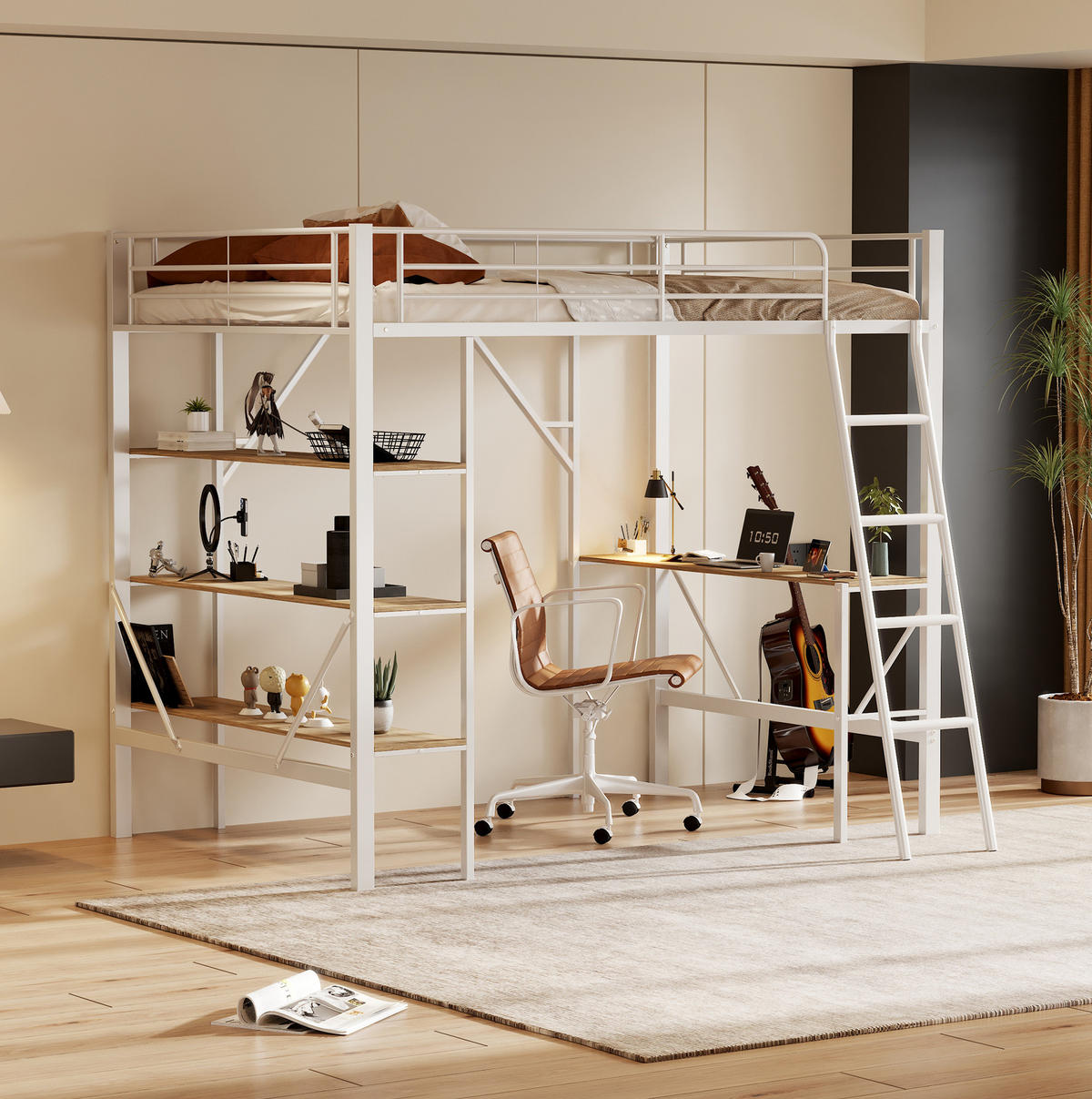 HOCHBETT 90/200 cm aus Metall und MDF mit Schreibtisch und 3 Ablagen Weiß - Weiß, Holzwerkstoff (90/200cm) - Modenvie