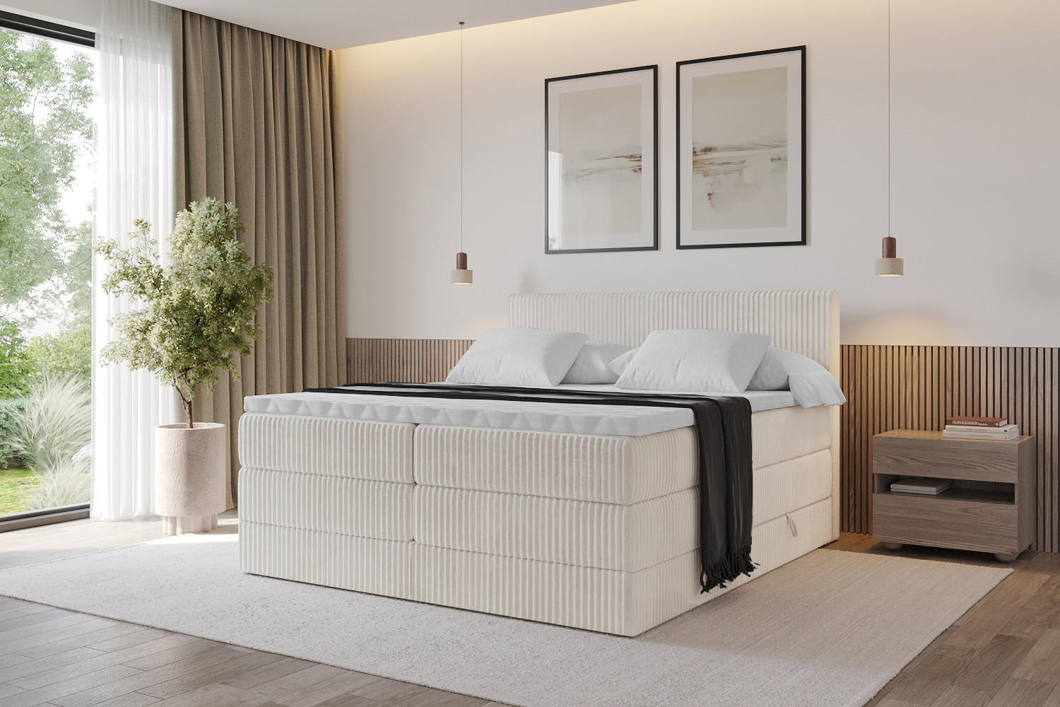 BOXSPRINGBETT mit Matratze H3|H4 und Lattenrost - TOLO KING 200x200 Cord - Creme - Creme, Holzwerkstoff (200/200cm) - ALTDECOR