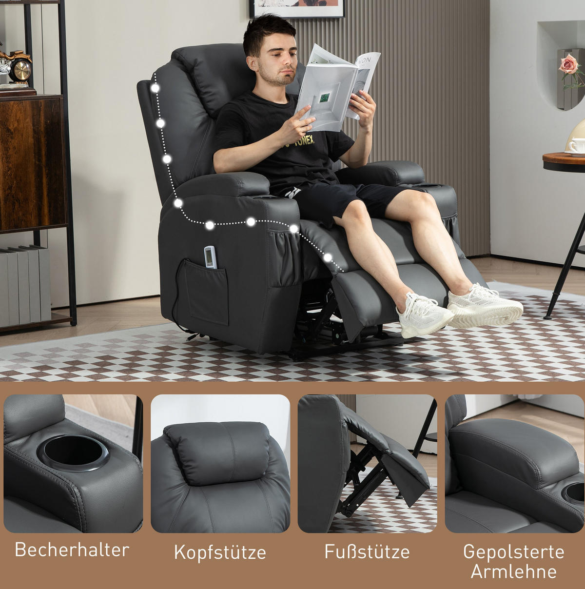 MASSAGESESSEL in Dunkelgrau 97x82x110 cm mit Liegefunktion und Fernbedienung - Dunkelgrau, Kunststoff (82/110/97cm) - IVMEU