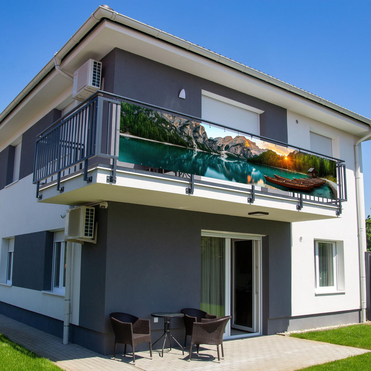 BALKON-SICHTSCHUTZ See - Berge - Sonnenuntergang - Boot - Petrol, Kunststoff (500/110cm) - MuchoWow