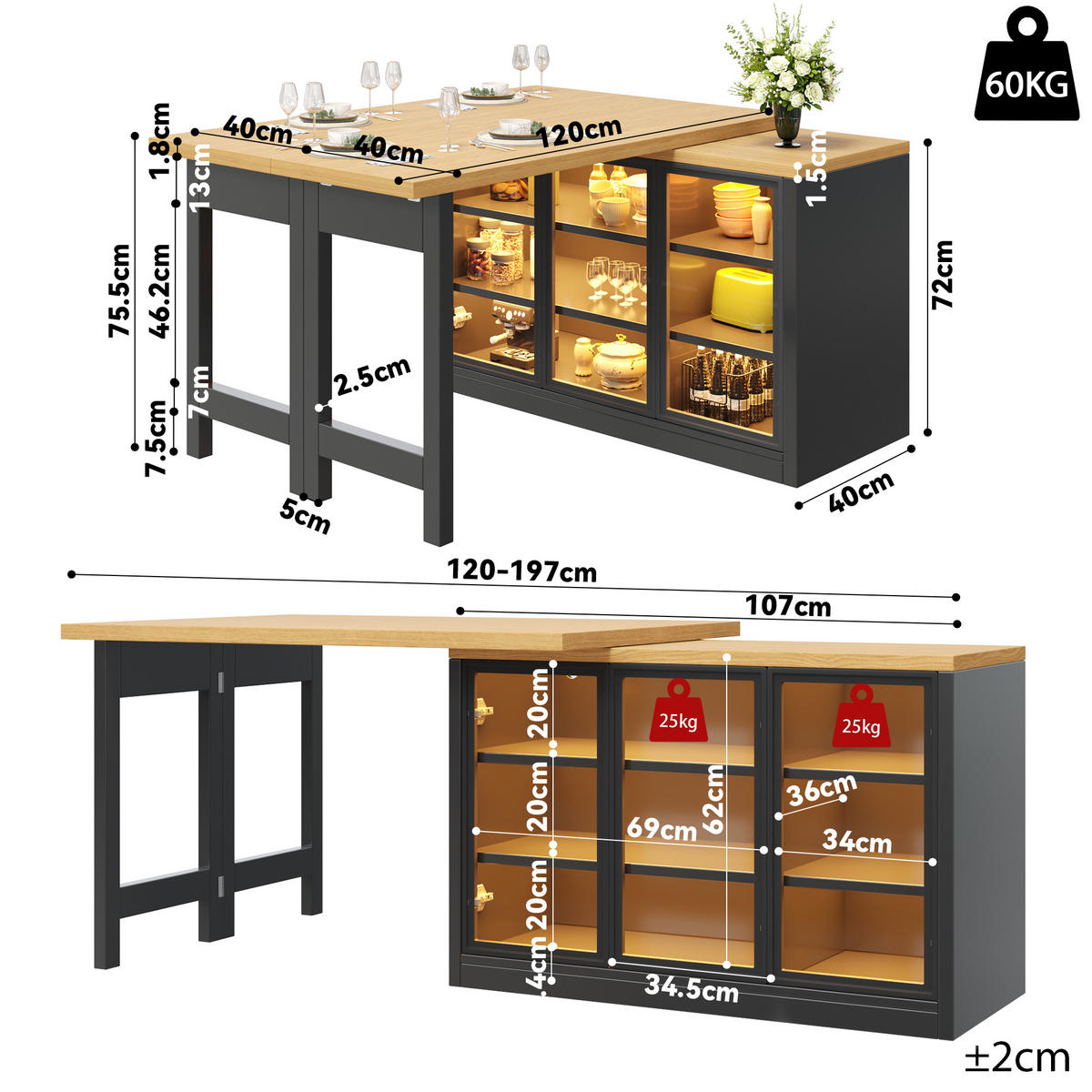 KÜCHENINSEL 360° Drehbar LED Stauraum Schwarz - Schwarz, Glas (120/72/40cm) - FLIEKS