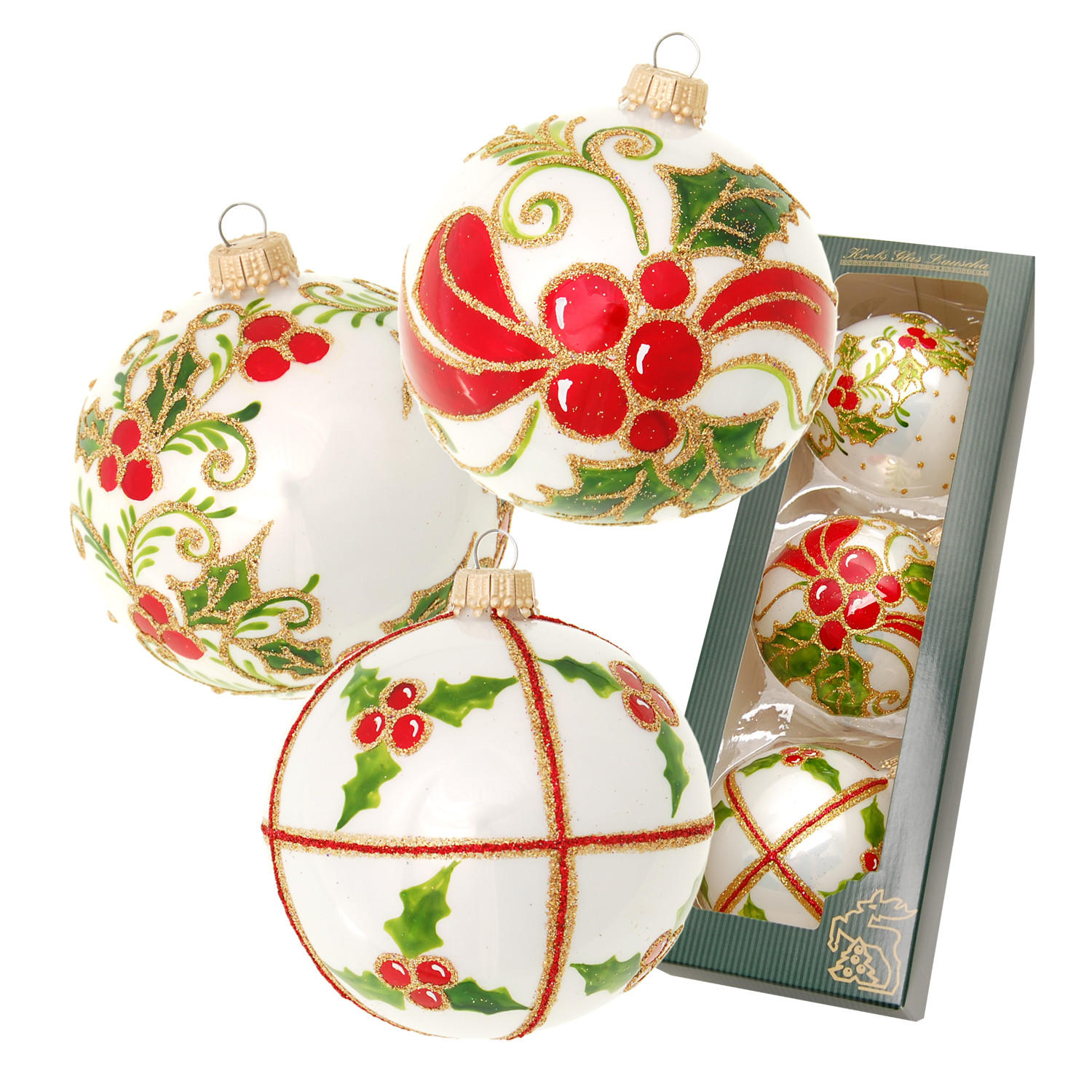CHRISTBAUMKUGELN Ilex-Garten Weiß 8cm (Glas / 3 Stk.) - Weiß, Glas (8/8/8cm) - Krebs Glas Lauscha