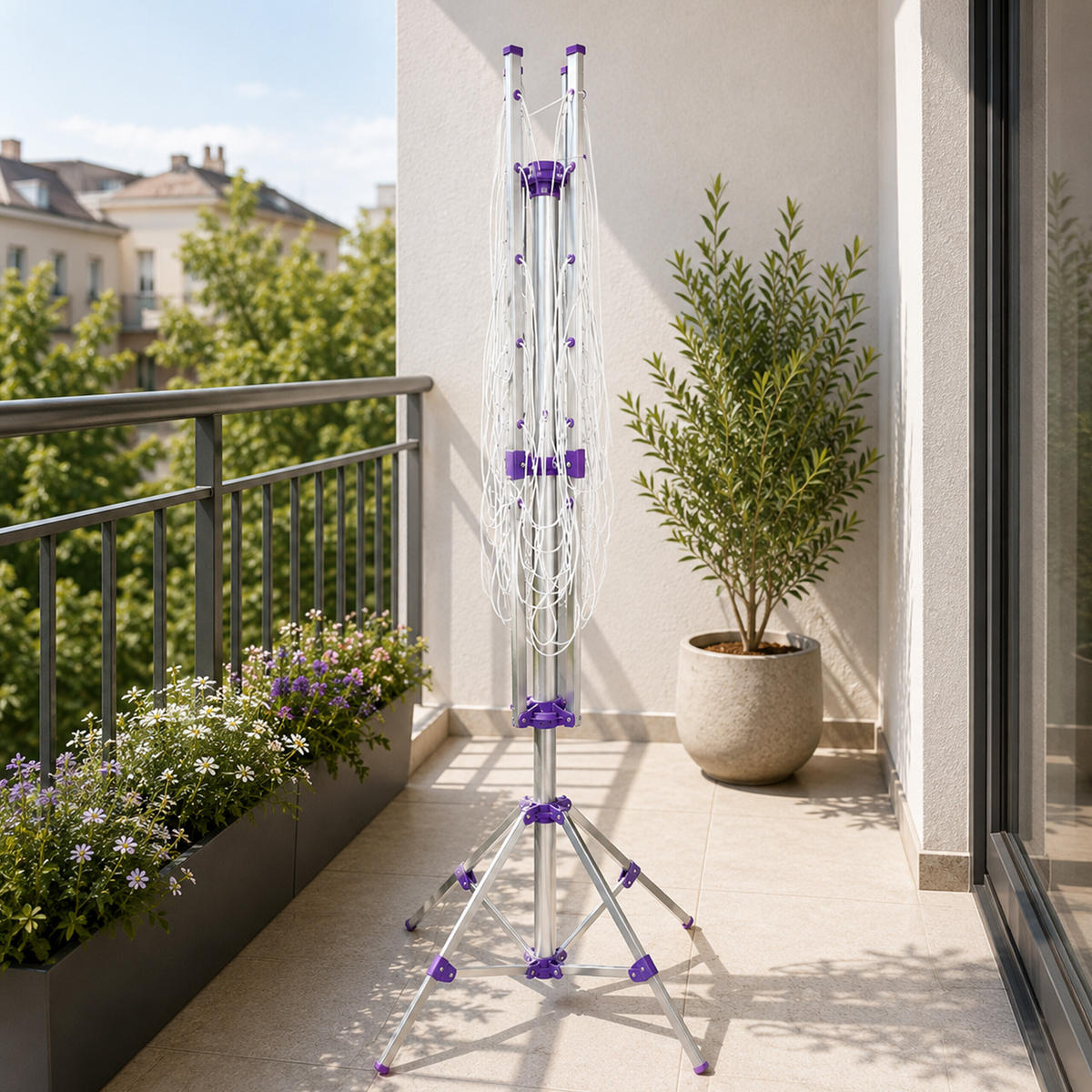 USCĂTOR Argintiu mov 19,2 m sfoară cu suport pliabil - argintiu, material plastic/metal (167/158/167cm) - Relaxdays