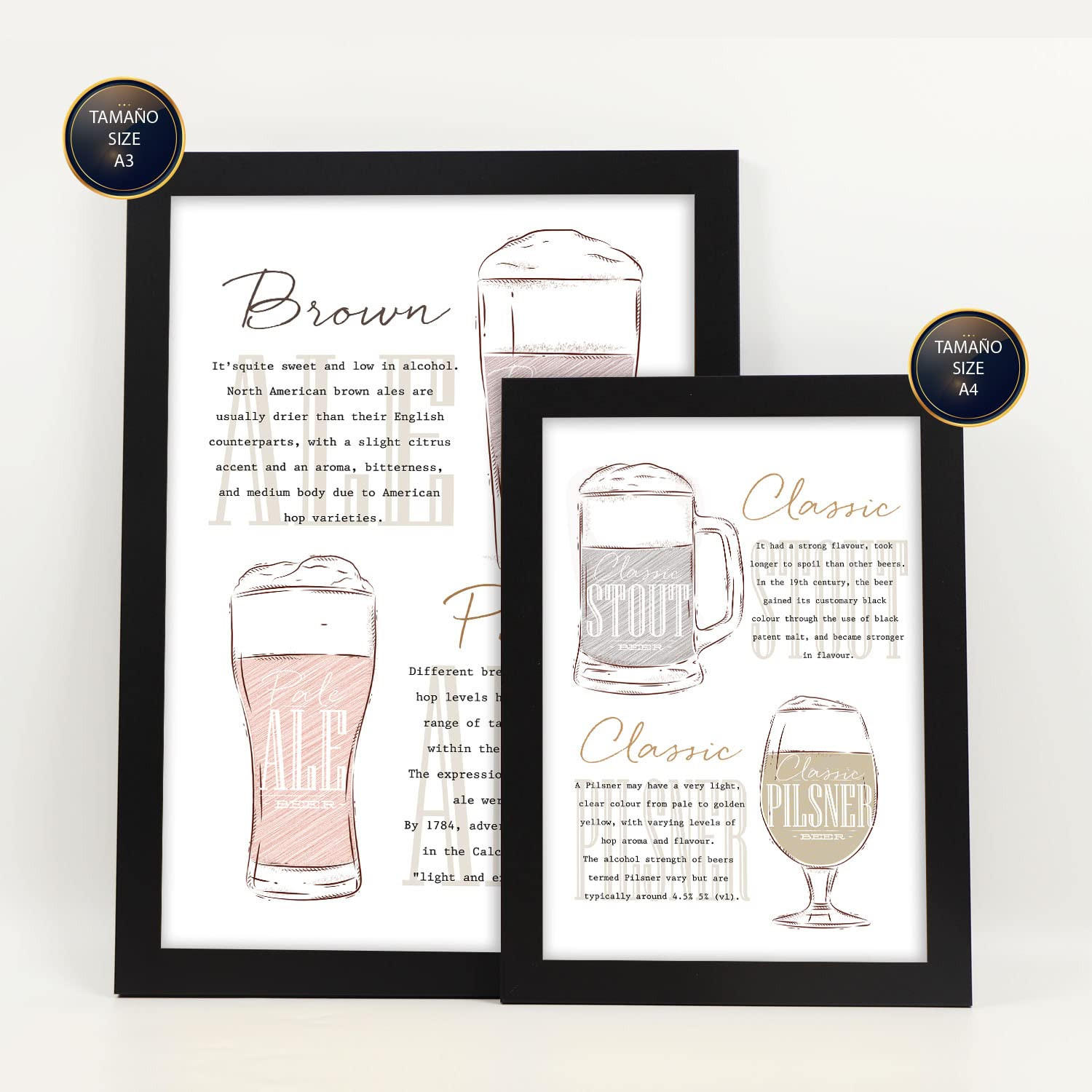 POSTER Set Mit 6 Biersorten Weiß Vollfarbige Illustrationen Von Kaffee & Getränken Im Werbetafel Illustrationen Für & Heim A3 & A4 Schwarzer Rahmen - Schwarz, Papier (29/3cm) - Nacnic