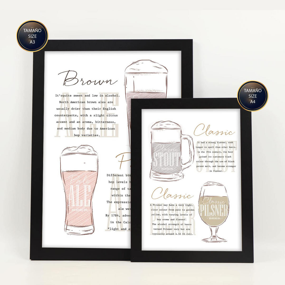 POSTER Set Mit 6 Ästhetisches Bier Größe A3 & A4 Schwarzer Rahmen - Schwarz, Papier (29.7/1cm) - Nacnic