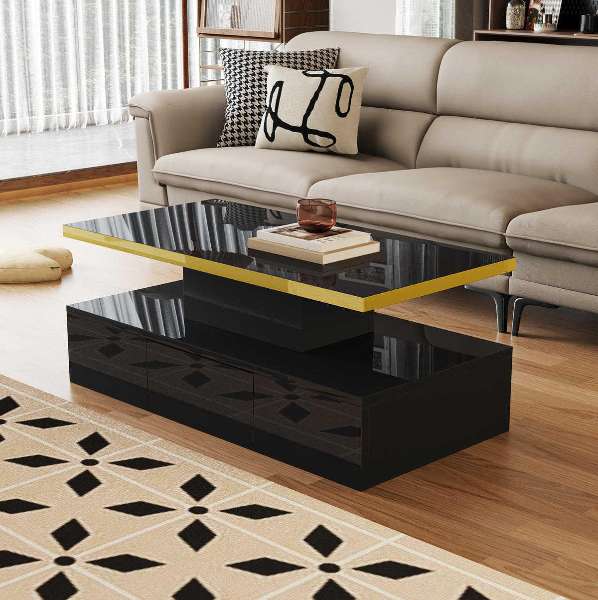 COUCHTISCH, Hochglanz Schwarz mit 2 Ebenen und integrierter Schublade, platzsparendes Design, 100/50/39 cm，Schwarz - Schwarz, Holzwerkstoff (100/50/39cm) - Redom