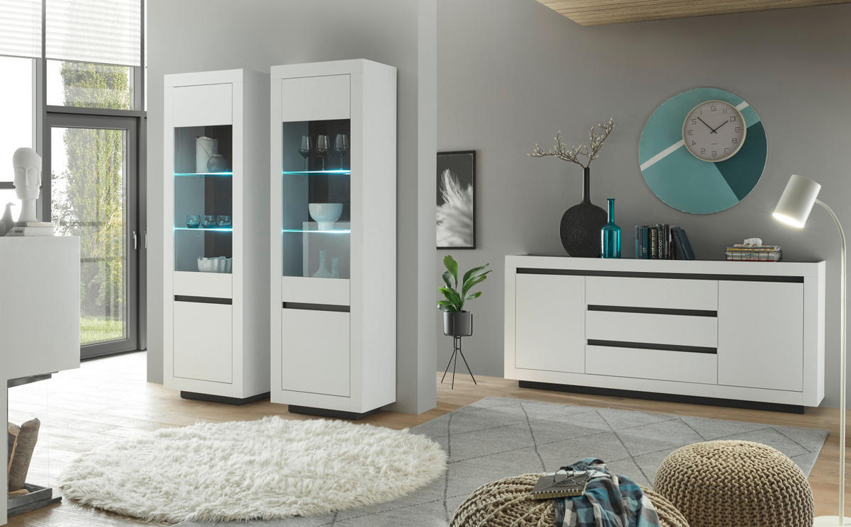 SIDEBOARD weiß, anthrazit, Wohnzimmer- Esszimmer- Kommode 200 x 91 cm - Weiß Hochglanz/Anthrazit, Holzwerkstoff (200/91/38cm) - Furn.Design