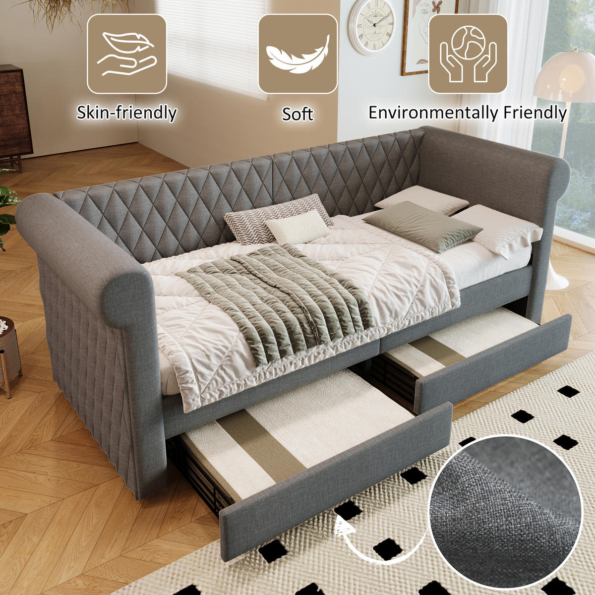 POLSTERBETT 90/200 cm mit 2 Schubladen & gestepptem Leinenbezug, Grau - Grau, Textil (90/200cm) - Redom