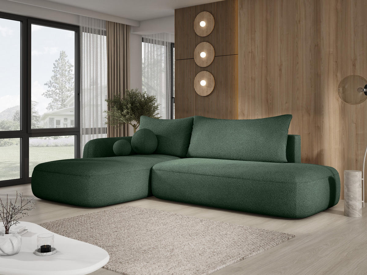 ECKSOFA BABU Mit Bettfunktion – Moderne Polsterecke Für Wohnzimmer Funktionales Schlafsofa Im Stoff NOW OR NEVER, 300x105x60cm, Linke, GRÜN - Waldgrün, Holz/Textil (190/300cm) - DomoHome