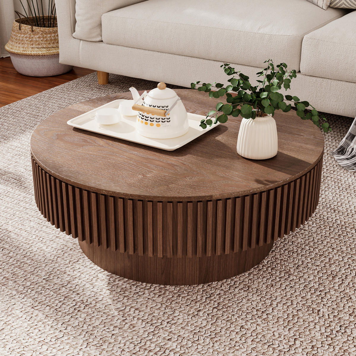 COUCHTISCH DE-37318 rund mit verstecktem Stauraum und Rillendesign Walnuss - Walnussfarben, Holzwerkstoff (75/75/35cm) - ComfortXL