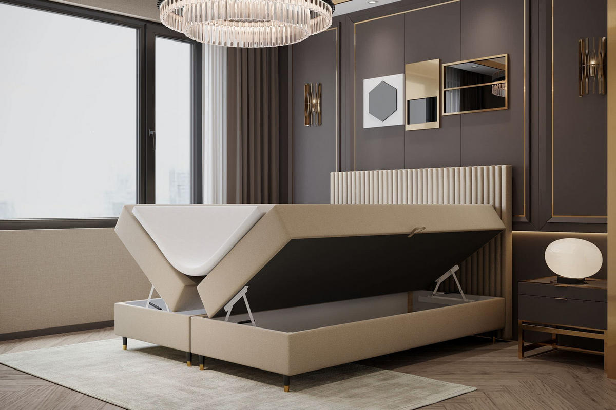 BOXBETT 140 x 200 cm mit Taschenmatratze ESTEPONA, Bettkästen mit Gasdruckfedern, Elegants gepolsterte Kopfstütze und Topper, Hellbeige - Beige, Holz/Textil (140/200cm) - Trada