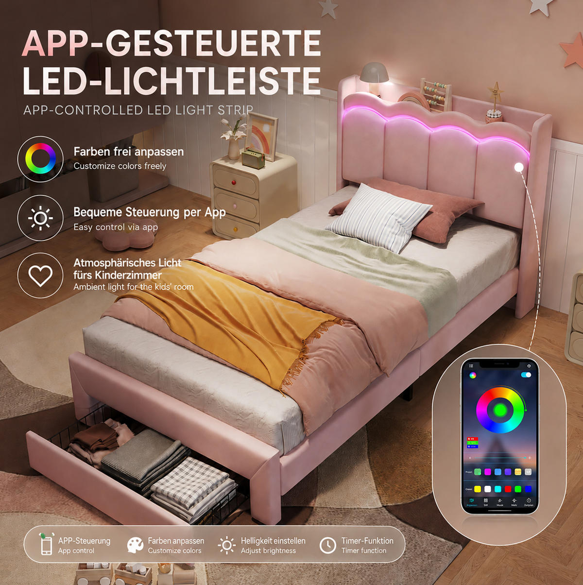 KINDER-POLSTERBETT aus Samt 90x200 cm Rosa mit Stauraumschublade und App-gesteuerter LED-Beleuchtung - Pink, Textil (90/200cm) - Modfu
