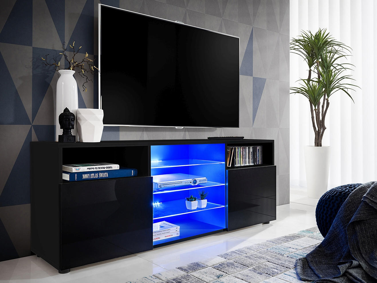 SIDEBOARD TV URBINO Black, Blau LED Beleuchtung - Schwarz, Glas/Holzwerkstoff (140/53/35cm) - Komodee