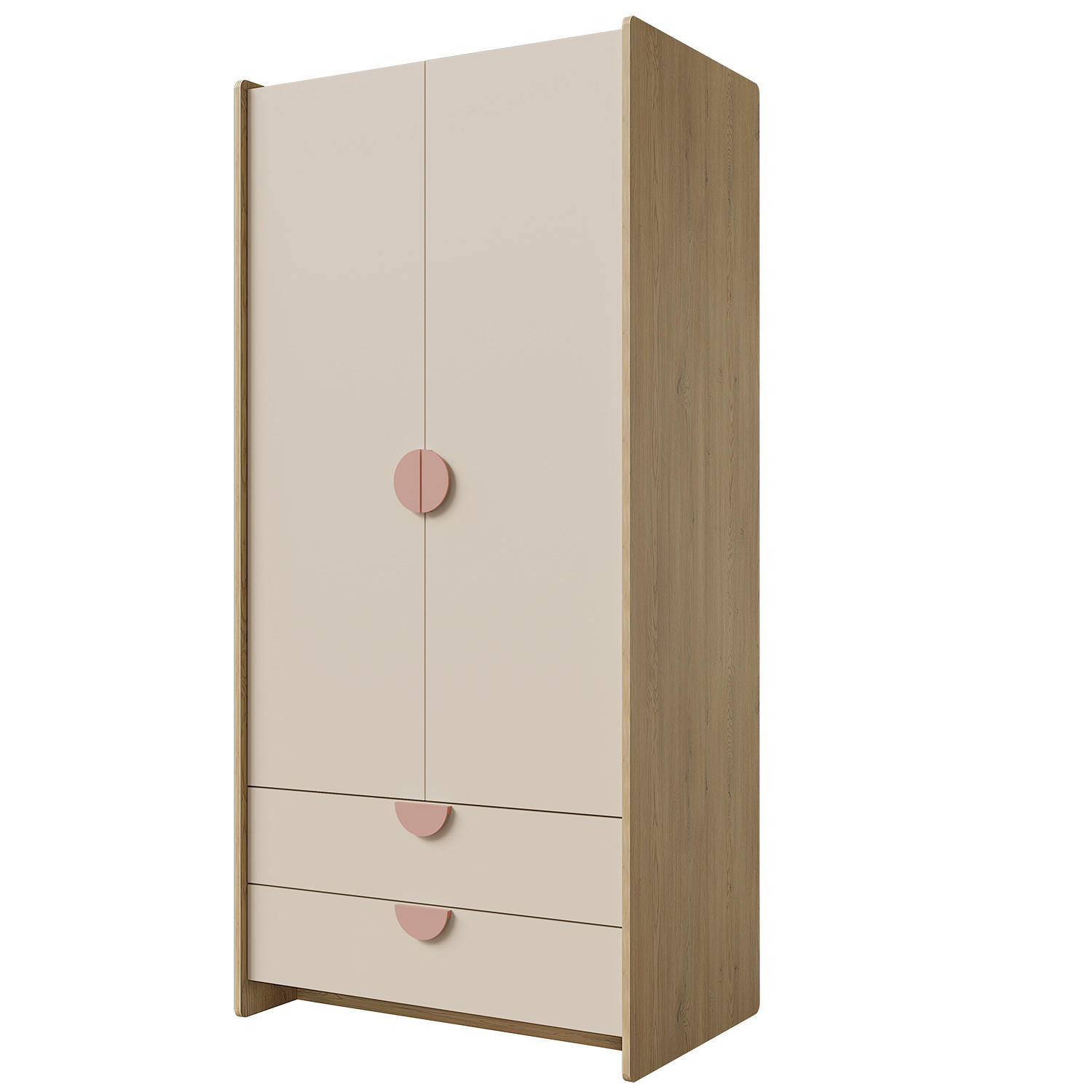 DREHTÜRENSCHRANK Lena mit 2 Türen und 2 Schubladen, 83 cm, für Jugendliche, Eiche Cremona/Macadamia/Puderrosa - Eichefarben/Beige, Holzwerkstoff (83/198/60cm) - Beautysofa