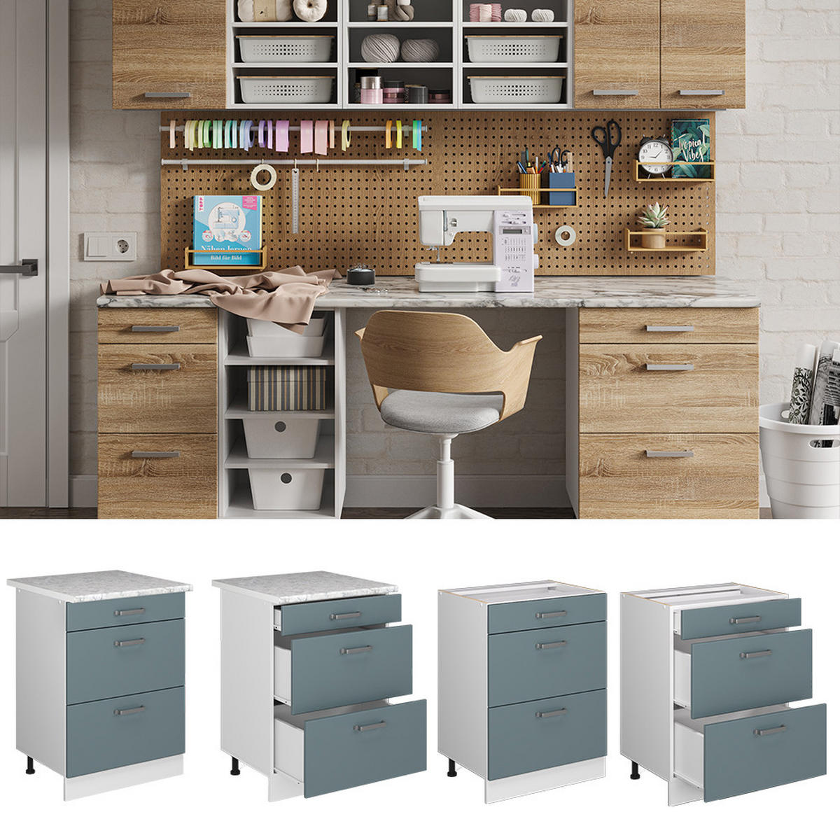 UNTERSCHRANK R-Line Blau-Grau 60 cm mit Schubladen - Blaugrau/Weiß, Holzwerkstoff (60/81.6/60cm) - Vicco