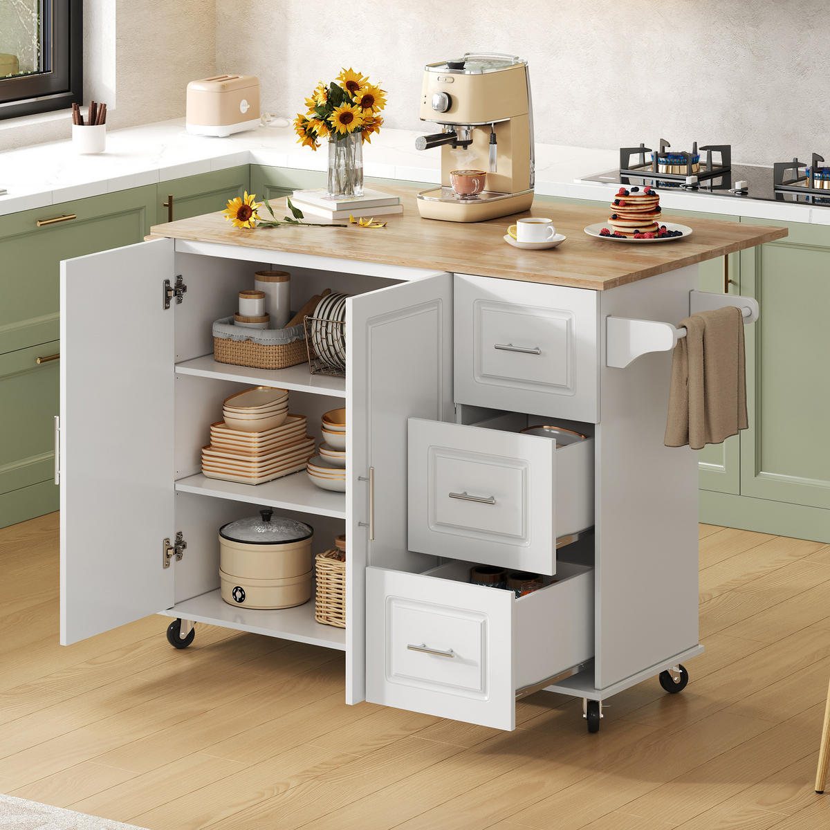 KÜCHENINSEL 137x76x92cm Weiß mit Klappplatte, Schrank, 3 Schubladen & Rollen - Weiß, Holzwerkstoff (137/92/76cm) - Modfu