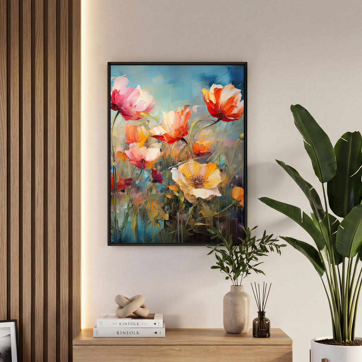 LEINWAND Bilder mit Rahmen - Blumen - Aquarell - Kunst - Botanisch - Natur - 50x70 - Orange, Textil (50/70cm) - MuchoWow