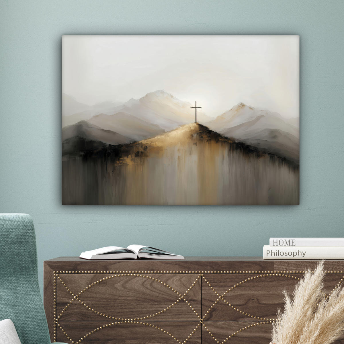 LEINWANDBILD Hügel - Abstrakt - Kreuz - Christentum Wandbilder 80x60 cm - Beige, Textil (80/60cm) - MuchoWow