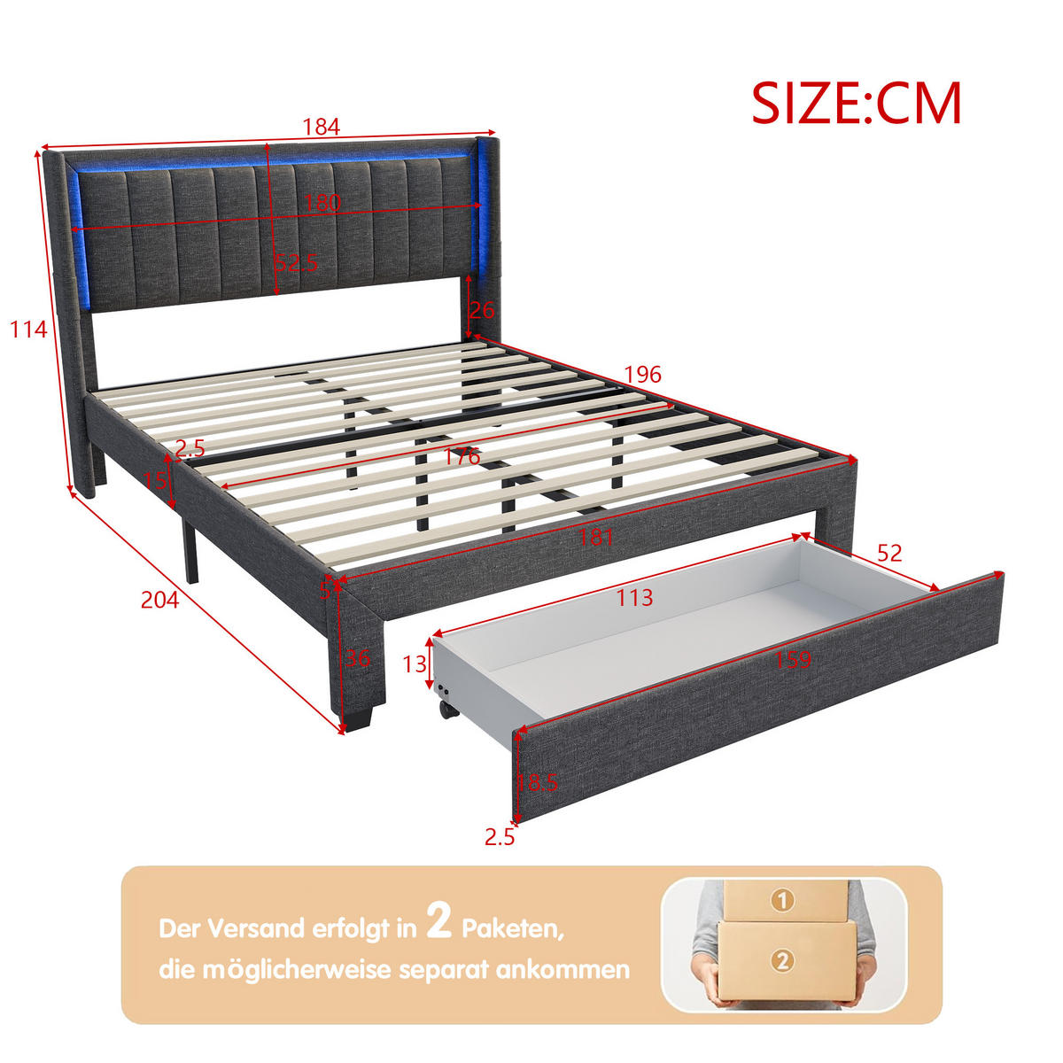 POLSTERBETT 180x200 cm, Grau, mit LED-Beleuchtung & USB-Stecker - Grau, Textil/Metall (180/200cm)