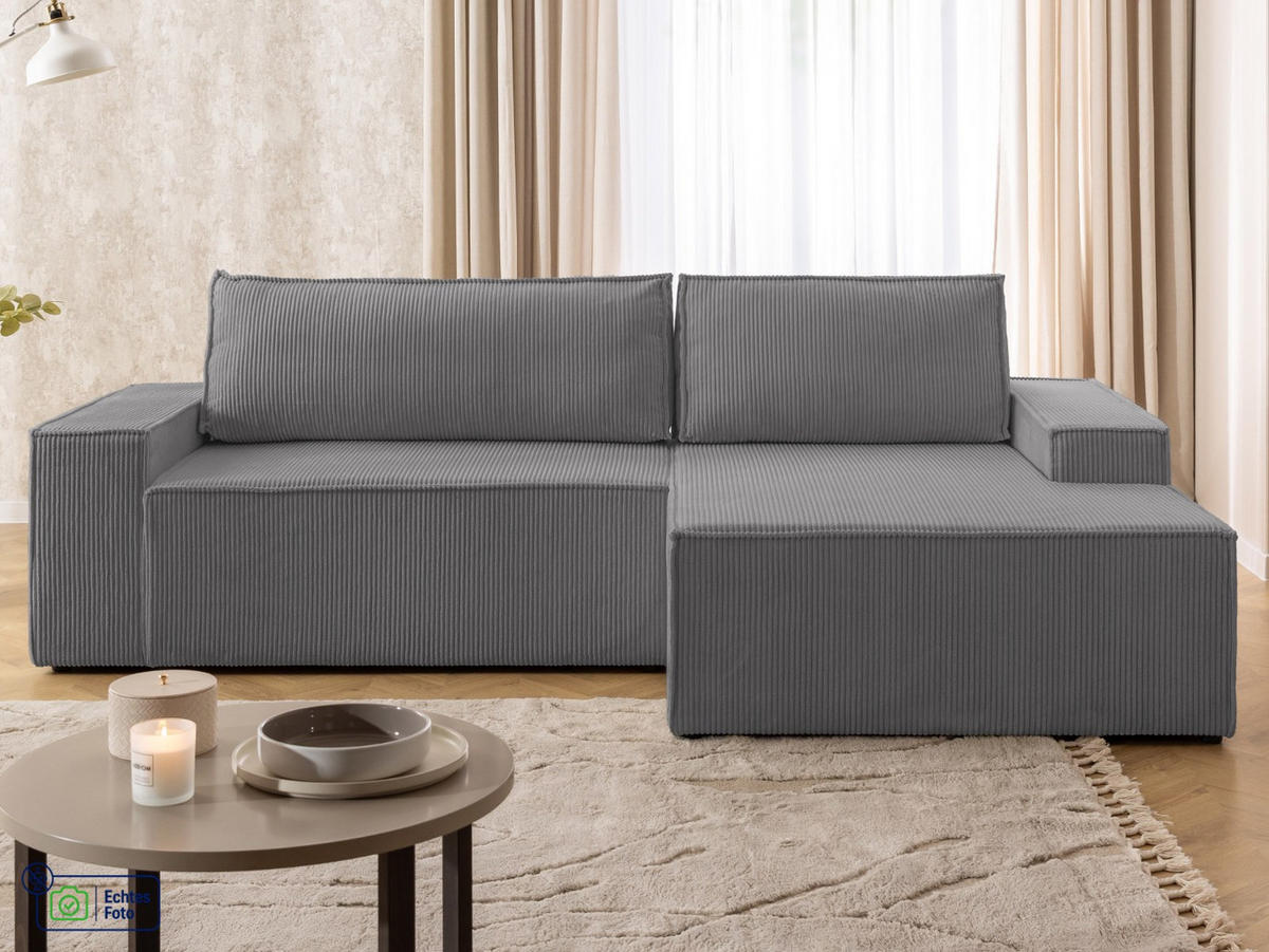 ECKSOFA Rivio mit Schlaffunktion und Bettkasten, Cordstoff Grau - Schwarz/Grau, Holz/Kunststoff (262/149cm) - S-Style