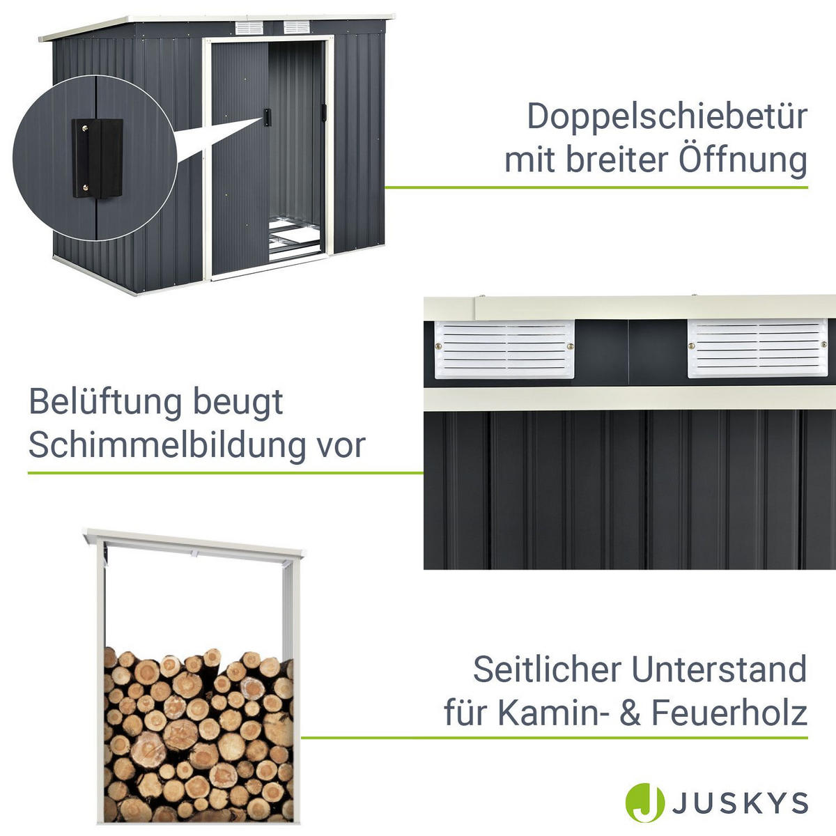 GERÄTESCHUPPEN M mit Holzunterstand rechts - Anthrazit, Metall (213/173/130cm) - Juskys