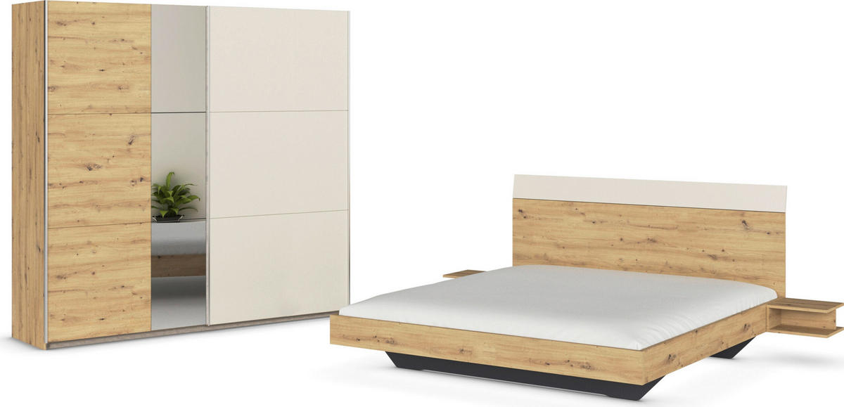 SCHLAFZIMMER Monza in Eiche Artisan und Beige mit Bettanlage 180x200cm, 2 Nachttischen und Schwebetürenkleiderschrank 4türig mit Spiegel - Braun, Holzwerkstoff (80/200/120cm)