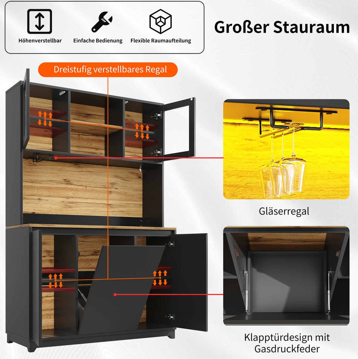 BUFFET 120/40/180 cm in Schwarz mit LED-Beleuchtung und Acryltüren - Schwarz, Holzwerkstoff (120/180/40cm) - Flora Grace