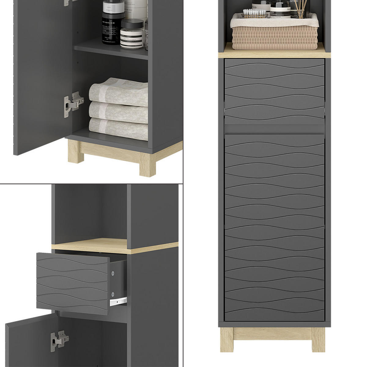 BADEZIMMERMÖBEL Livia Anthrazit 30 x 151.5 cm mit Schublade - Anthrazit/Naturfarben, Holzwerkstoff (30/151/30cm) - Vicco