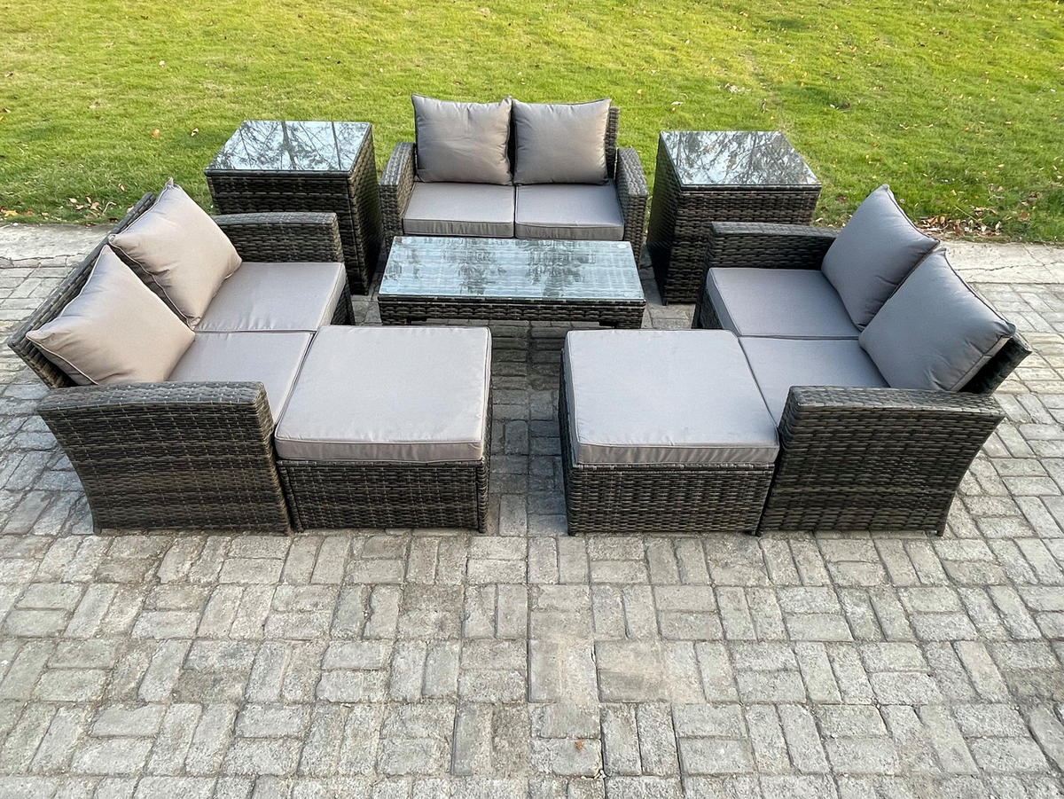 GARTENSOFA Hohe Rückenlehne Polyrattan Dunkelgrau 8-Sitzer - Dunkelgrau, Metall - Fimous