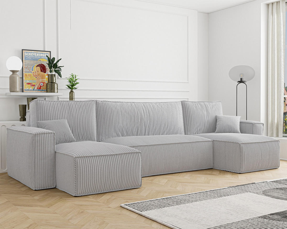 WOHNLANDSCHAFT Scarlo Hellgrau Cordbezug - Hellgrau/Schwarz, Kunststoff/Textil (312/83/145cm) - Selsey